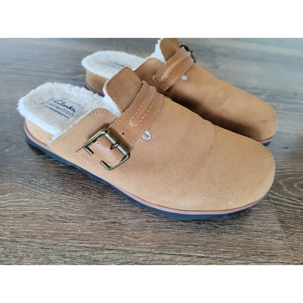 Clarks Collection Women's‎ Suede Leather Clogs Mules Faux Fur Lined Buckle 11 #4
